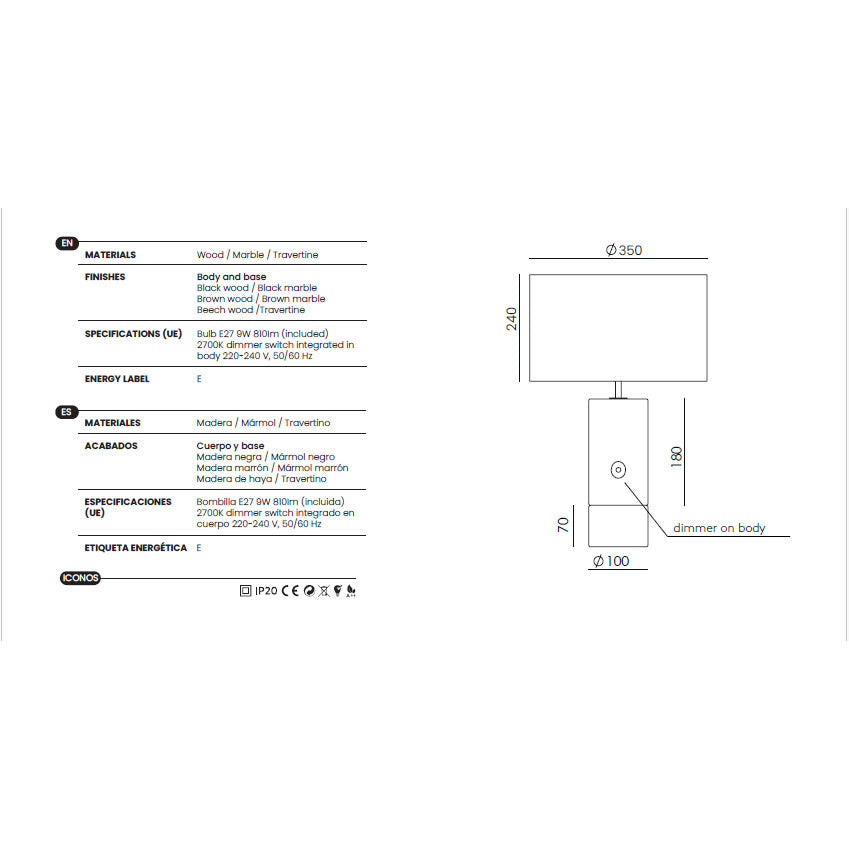 Sano Table Lamp dimensions and technical details