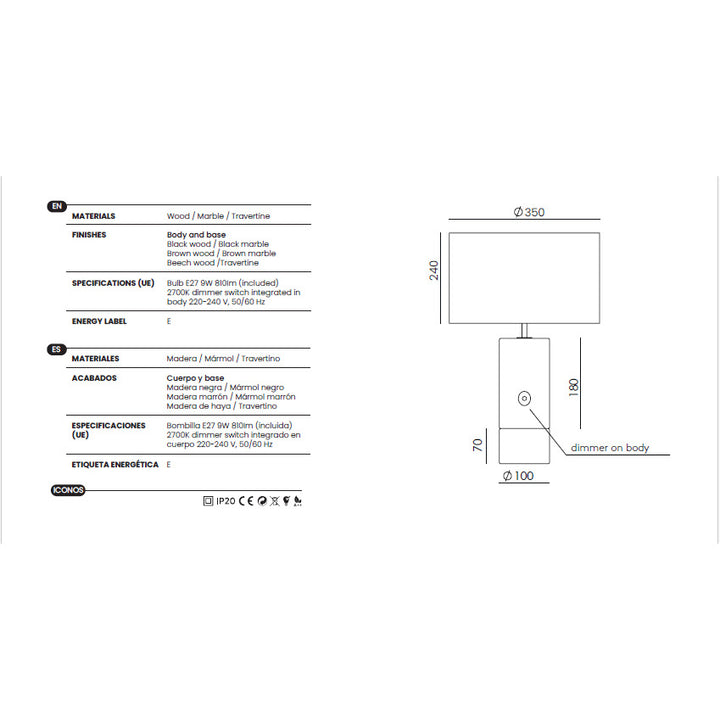 Sano Table Lamp dimensions and technical details