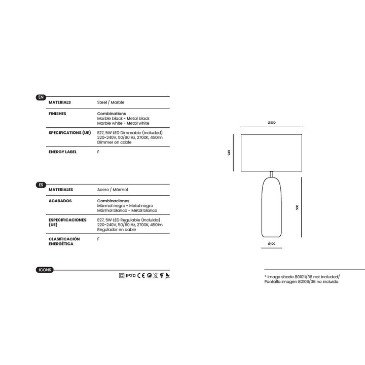 Shin Table Lamp dimensions and technical details