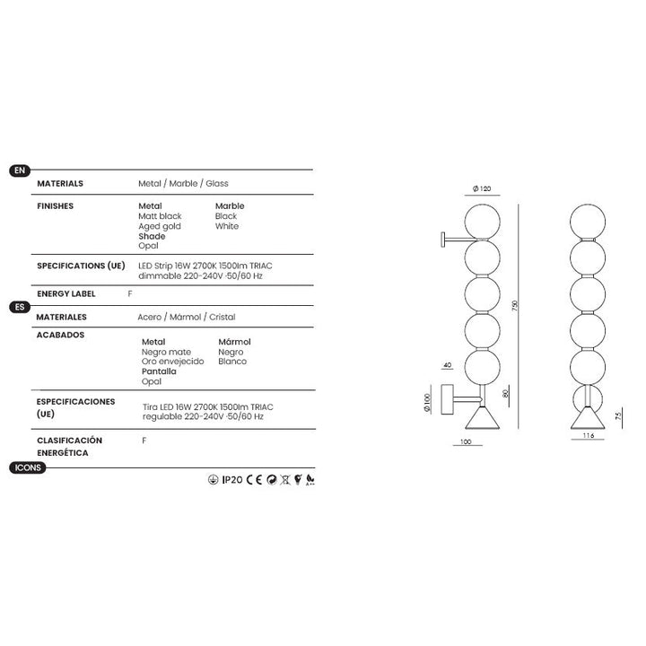 Soko Wall Lamp, 5 spheres, dimensions and technical details