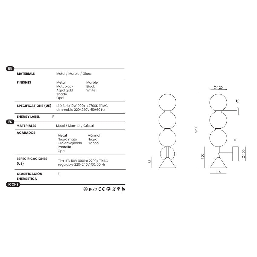 Soko Wall Lamp, 3 spheres, dimensions and technical details