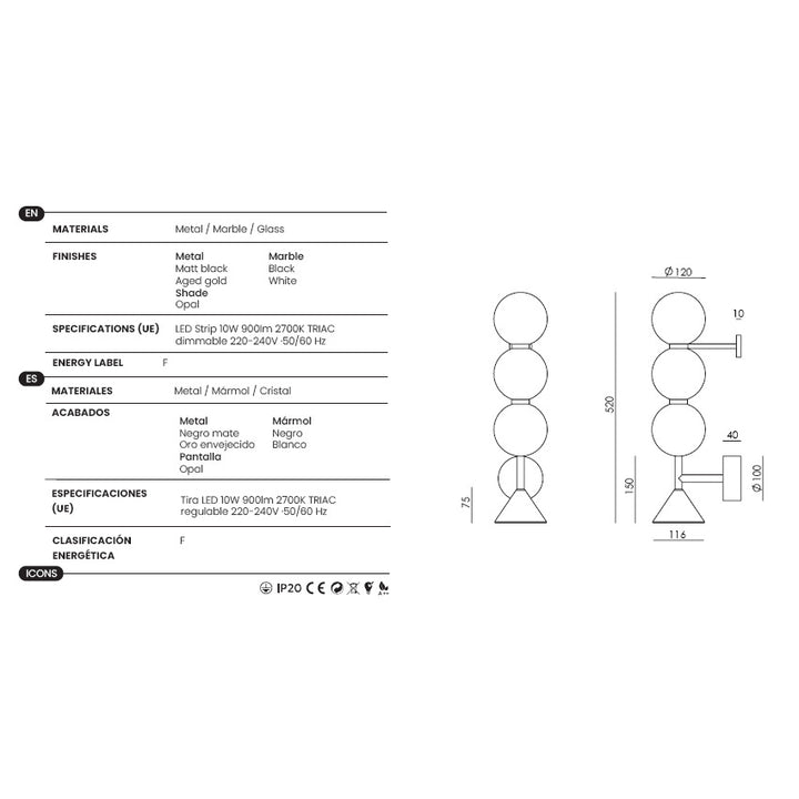 Soko Wall Lamp, 3 spheres, dimensions and technical details