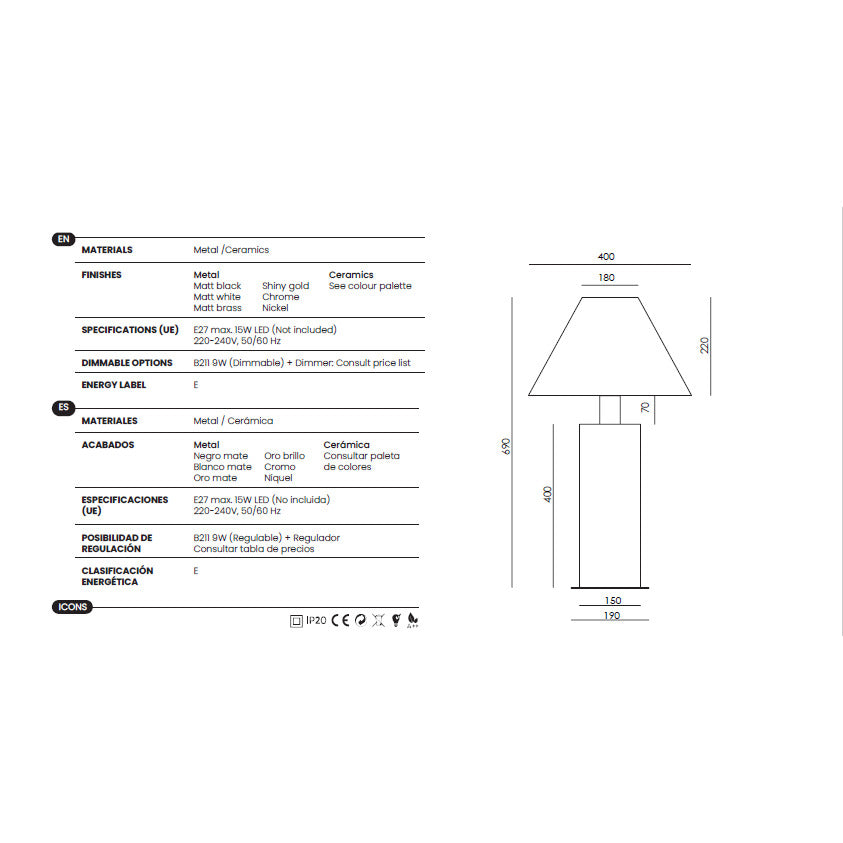 Syal Table Lamp dimensions and technical details