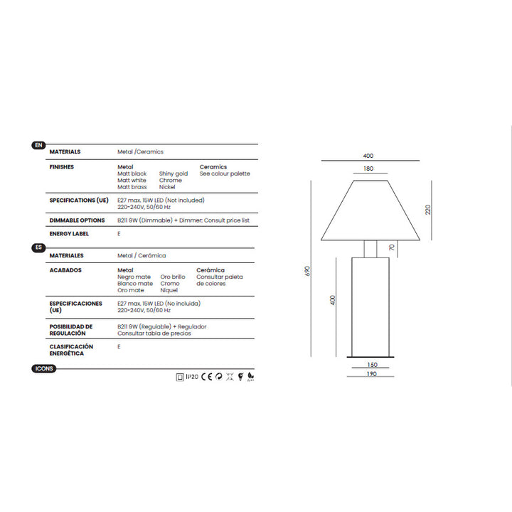 Syal Table Lamp dimensions and technical details