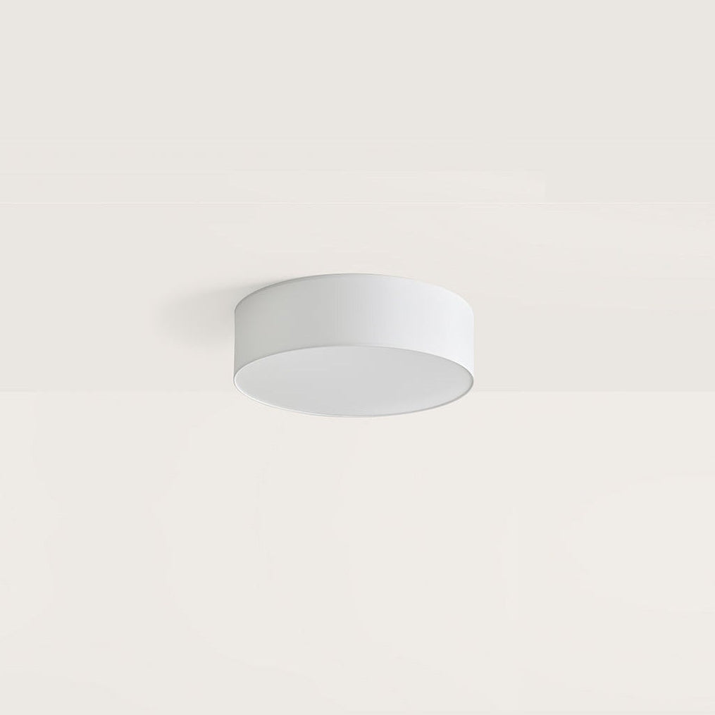Tamb Ceiling Lamp, round, round white fabric ceiling light, unlit, mounted flush to a pale ceiling, by Aromas del Campo