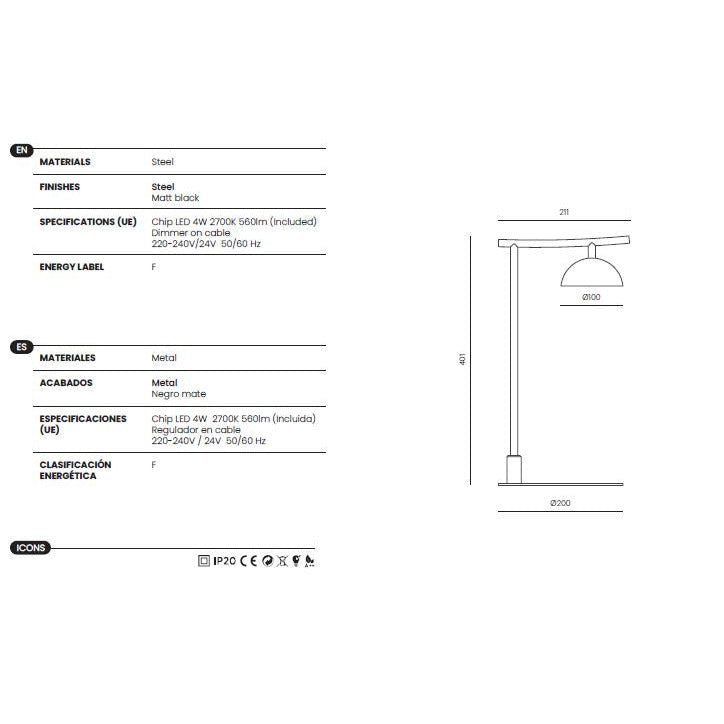 Tana Table Lamp dimensions and technical details