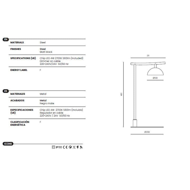 Tana Table Lamp dimensions and technical details