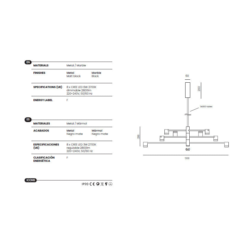 Tea Chandelier dimensions and technical details