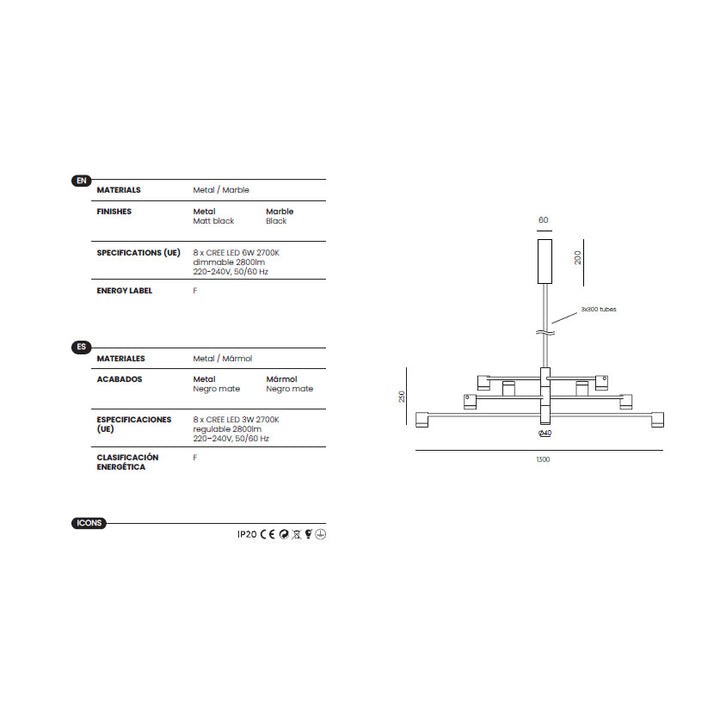 Tea Chandelier dimensions and technical details