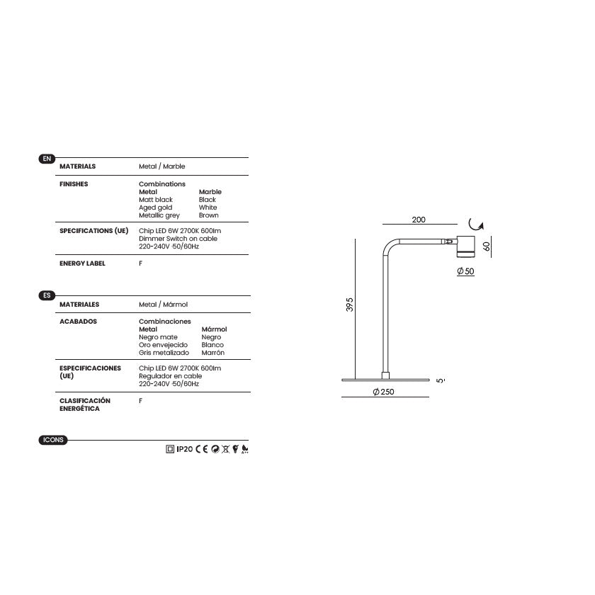 Tea Table Lamp dimensions and technical details
