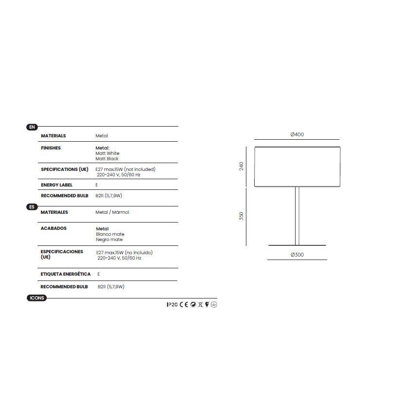 Tex Table Lamp dimensions and technical details