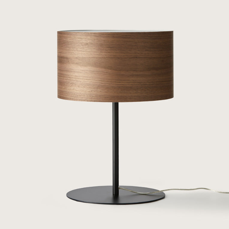 Tex Table Lamp with matt black base and walnut wood veneer drum shade, unlit