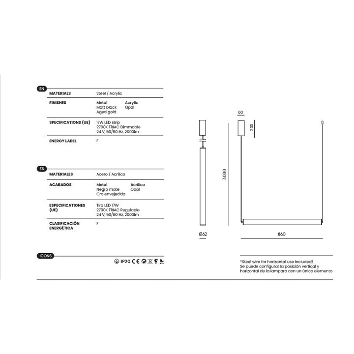 Tube Pendant Lamp dimensions and technical details