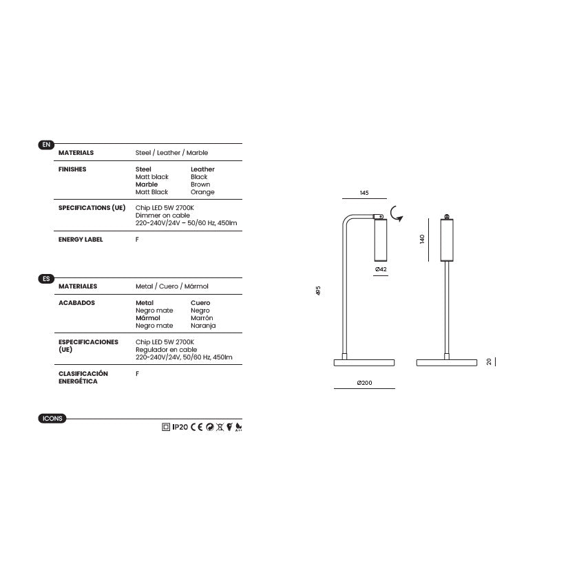 Tura Table Lamp dimensions and technical details
