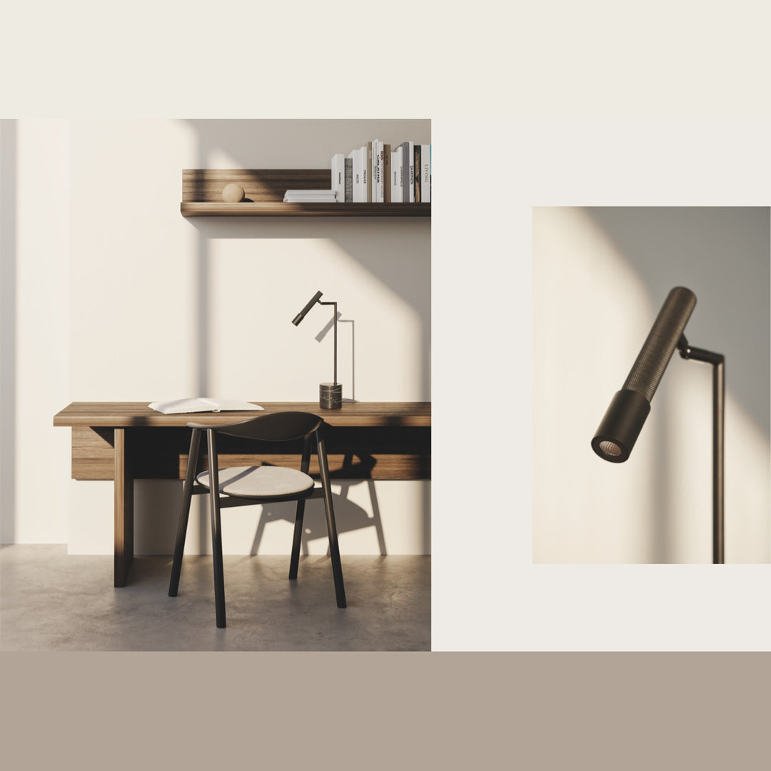 Ycro Table Lamp on a wooden desk with a black chair and wall shelf, with a close-up of the spot head