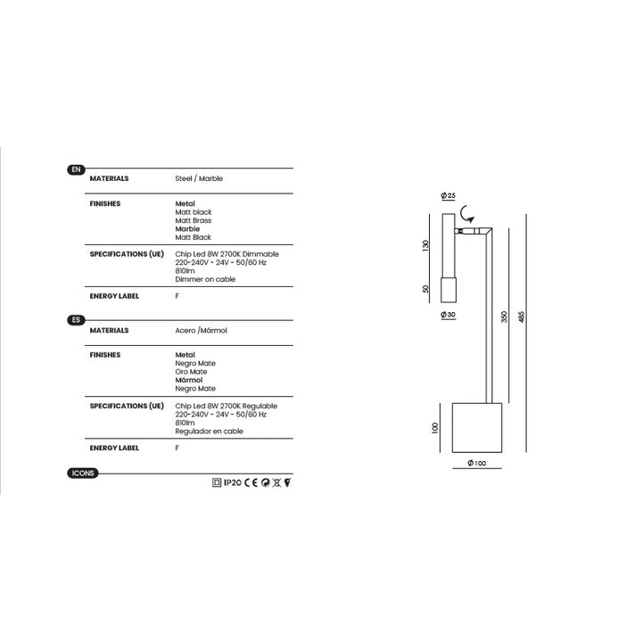 Ycro Table Lamp dimensions and technical details