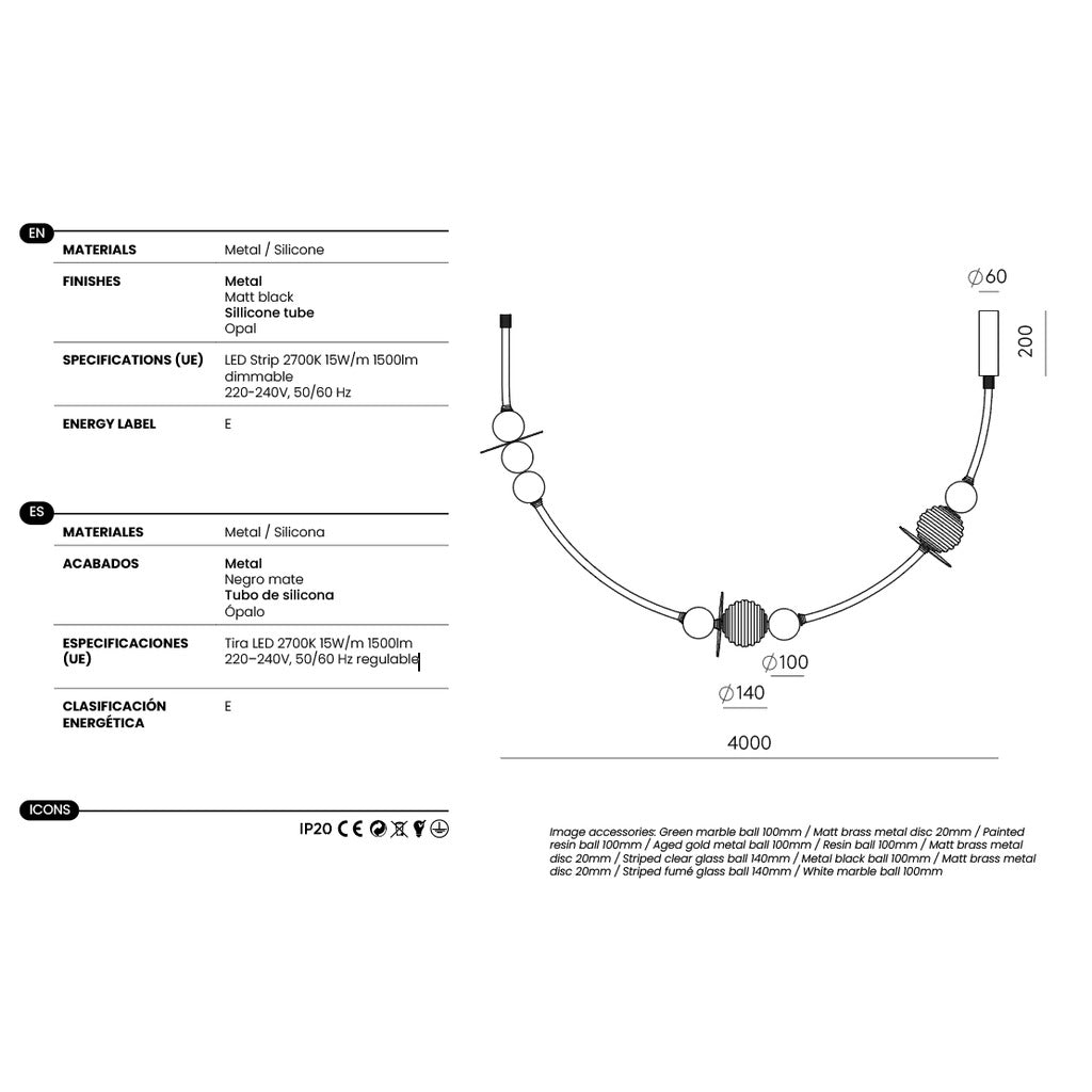 Yma Horizontal Pendant Lamp dimensions and technical details