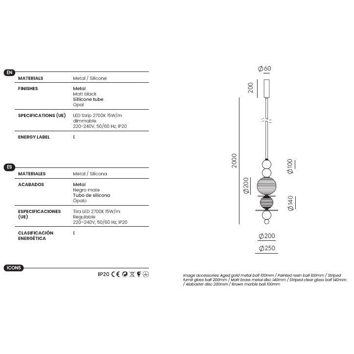 Yma Vertical Pendant Lamp dimensions and technical details