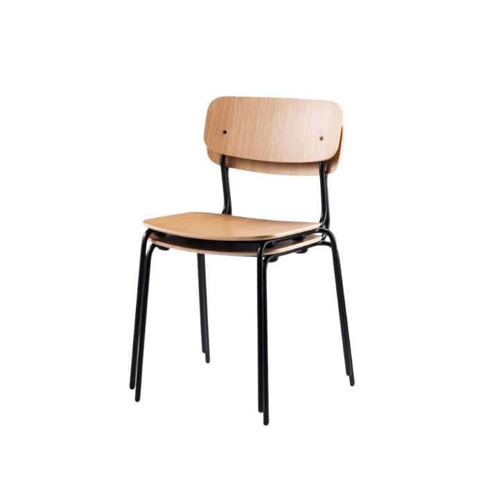 FDB Møbler J182 Holmen Stackable Chair, Black Steel/Nature Oak Veneer, Set of 4.