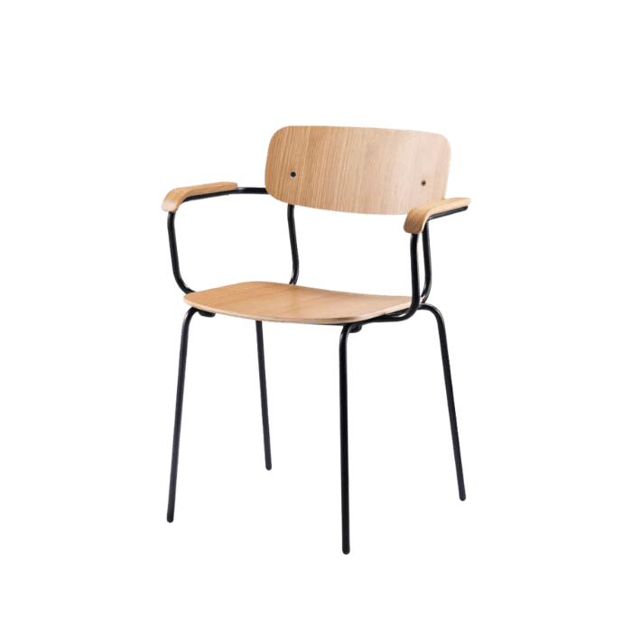 FDB Møbler J183 Holmen Stackable Chair w/Armrests, Steel Black Oak/Nature Veneer, Set of 4.