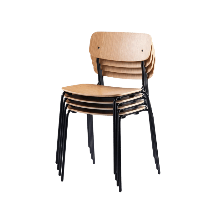 FDB Møbler J182 Holmen Stackable Chair, Black Steel/Nature Oak Veneer, Set of 4.