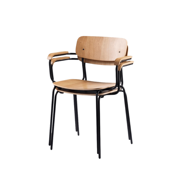 FDB Møbler J183 Holmen Stackable Chair w/Armrests, Steel Black Oak/Nature Veneer, Set of 4.