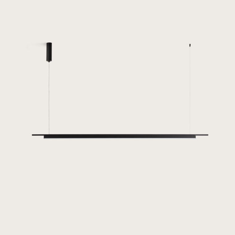 Coln Pendant Lamp in matt black, front view of the linear bar and cylindrical canopy