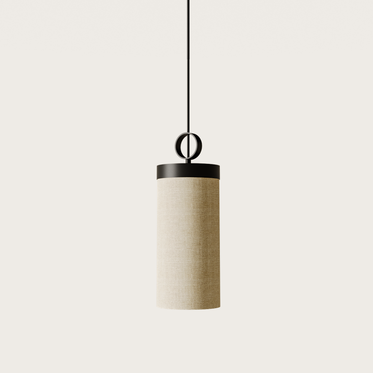Nooi Pendant Lamp, cream linen cylinder shade with matt black cap and ring detail, by Aromas del Campo