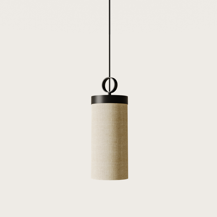 Nooi Pendant Lamp, cream linen cylinder shade with matt black cap and ring detail, by Aromas del Campo