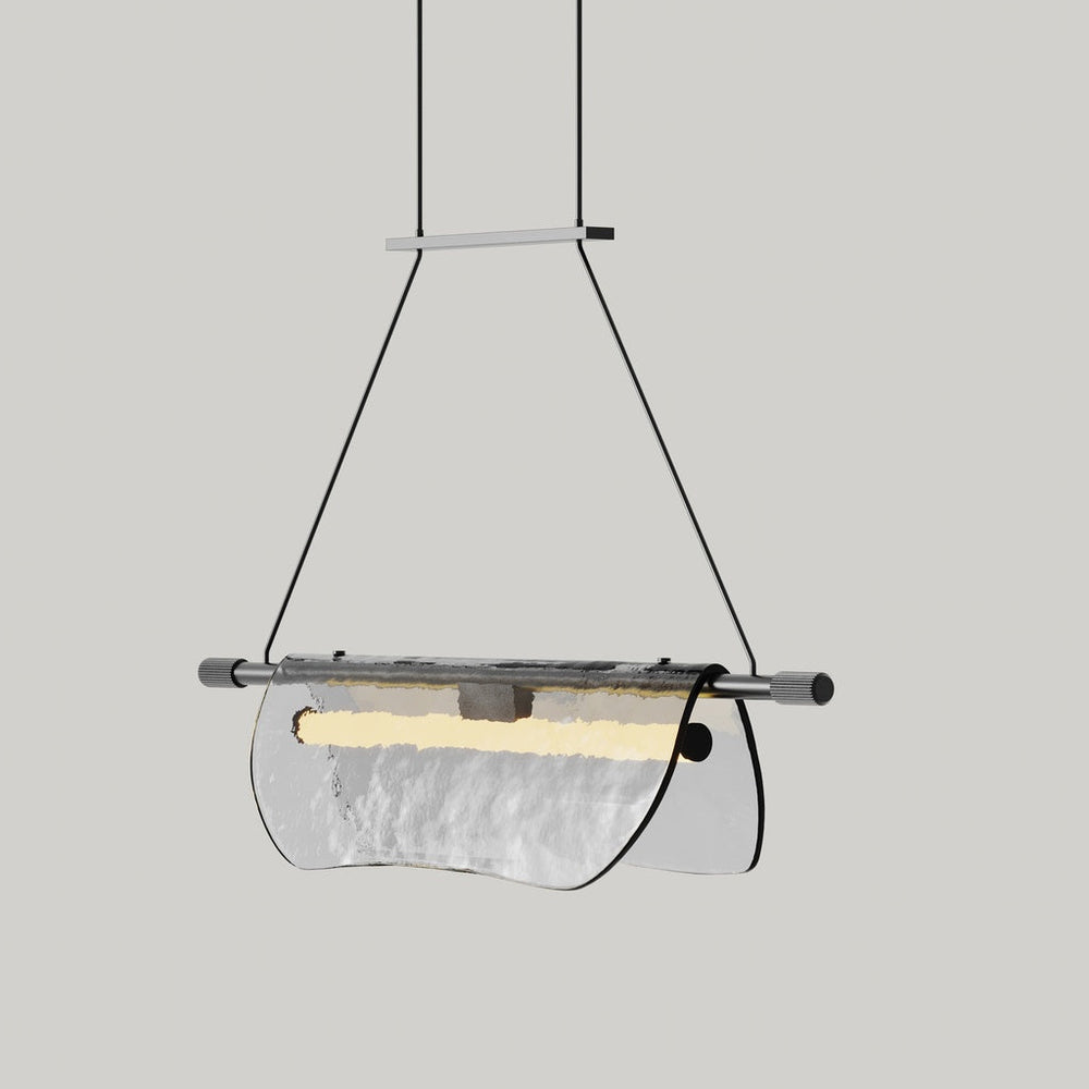 Lida Linear Pendant, Single size: one draped textured glass panel on a metal bar, lit, by Aromas del Campo