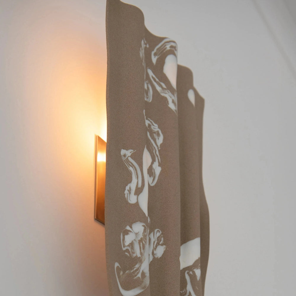 Drape Ceramic & Brass Wall Light — Porcelain Inlay — Toffee stoneware with porcelain inlay, angled view