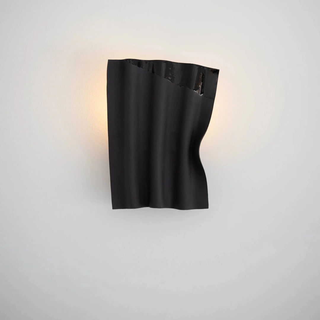 Drape Ceramic &amp; Brass Wall Light — Glaze Highlight — Black stoneware, straight-on view