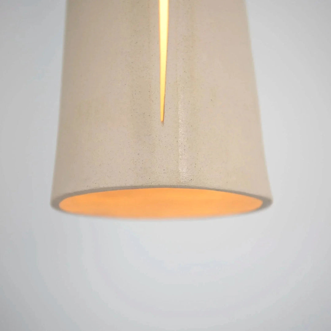 Interstice Ceramic &amp; Steel Ceiling Light — White Stoneware, close-up detail of illuminated interior and tapered profile