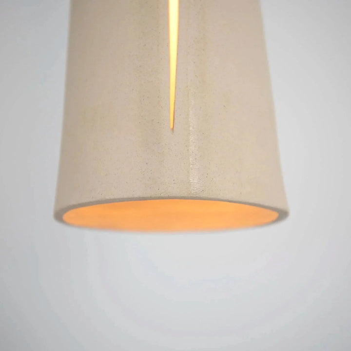 Interstice Ceramic &amp; Steel Ceiling Light — White Stoneware, close-up detail of illuminated interior and tapered profile