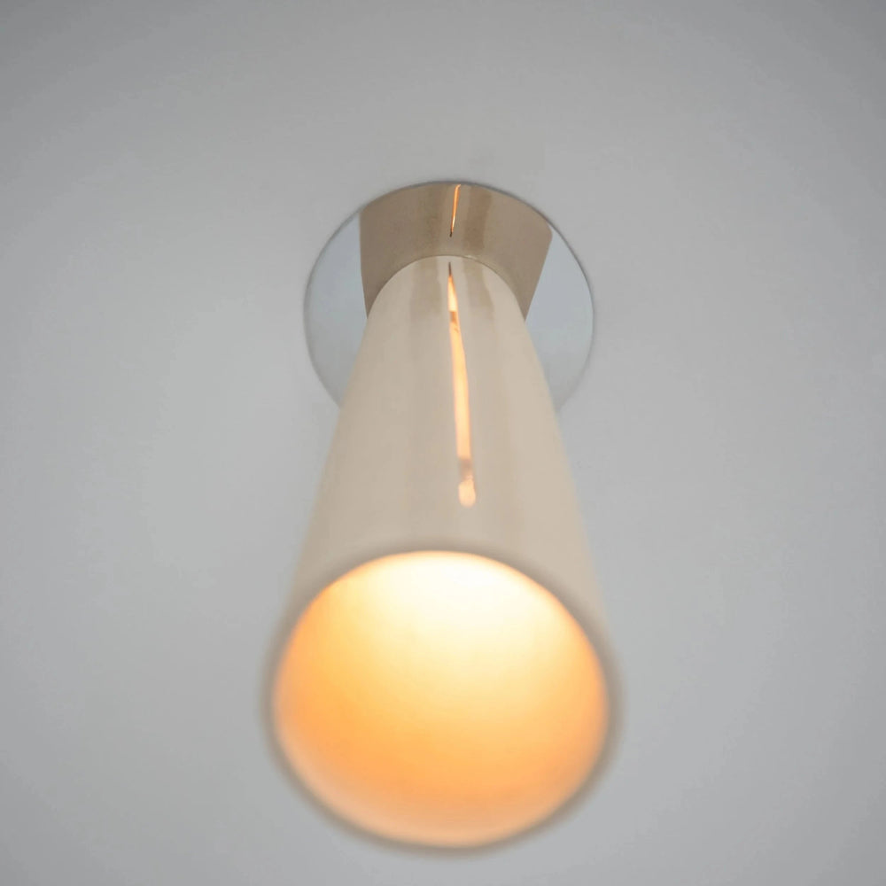 Interstice Ceramic & Steel Ceiling Light — White Stoneware, view from below showing ceiling mount and tapered form