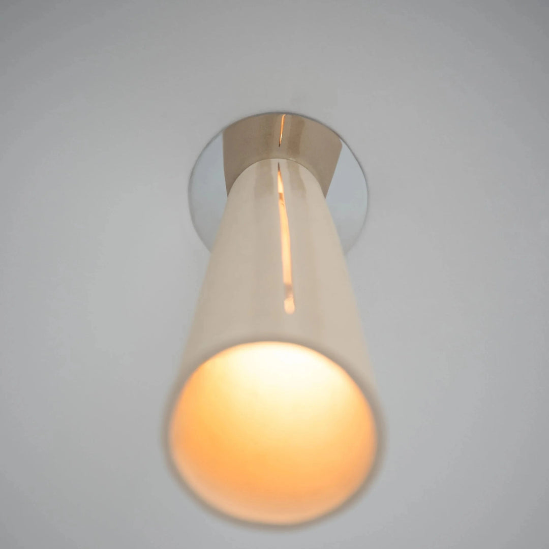Interstice Ceramic &amp; Steel Ceiling Light — White Stoneware, view from below showing ceiling mount and tapered form