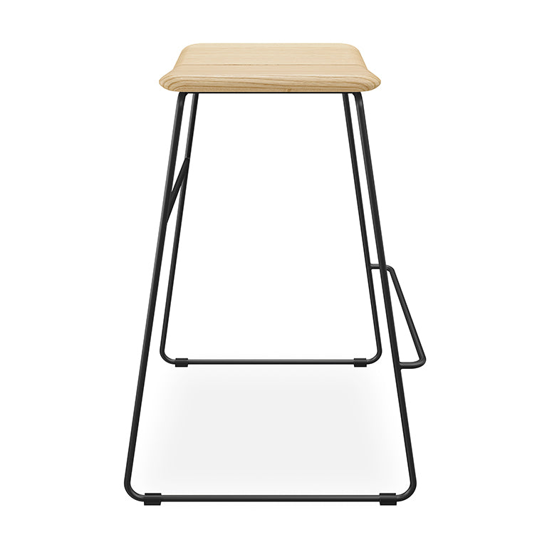 Minimalist oak bar stool with black metal frame, modern designer furniture