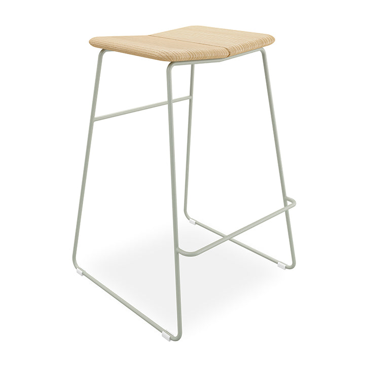 Sleek bar stool with woven wood seat and mint metal frame, modern designer piece