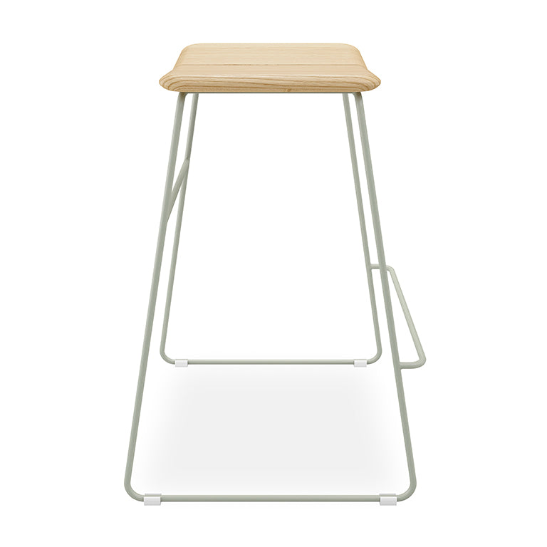 Minimalist oak stool with sage metal frame, modern designer home furnishing