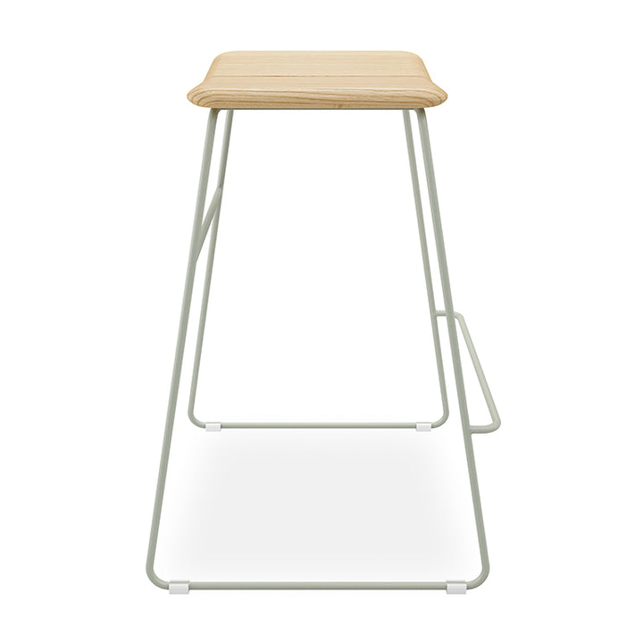 Minimalist oak stool with sage metal frame, modern designer home furnishing