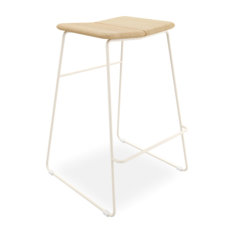 Woven rattan bar stool with minimalist white metal frame, modern designer furnishing