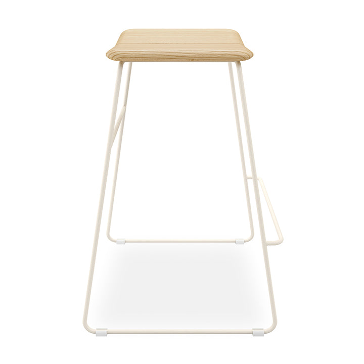 Minimalist oak stool with white metal frame, modern designer home furnishing