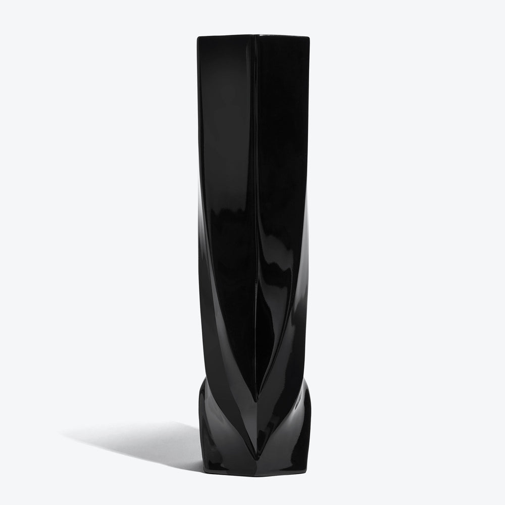 Braid Vase — Tall black porcelain vase, front view on a white background