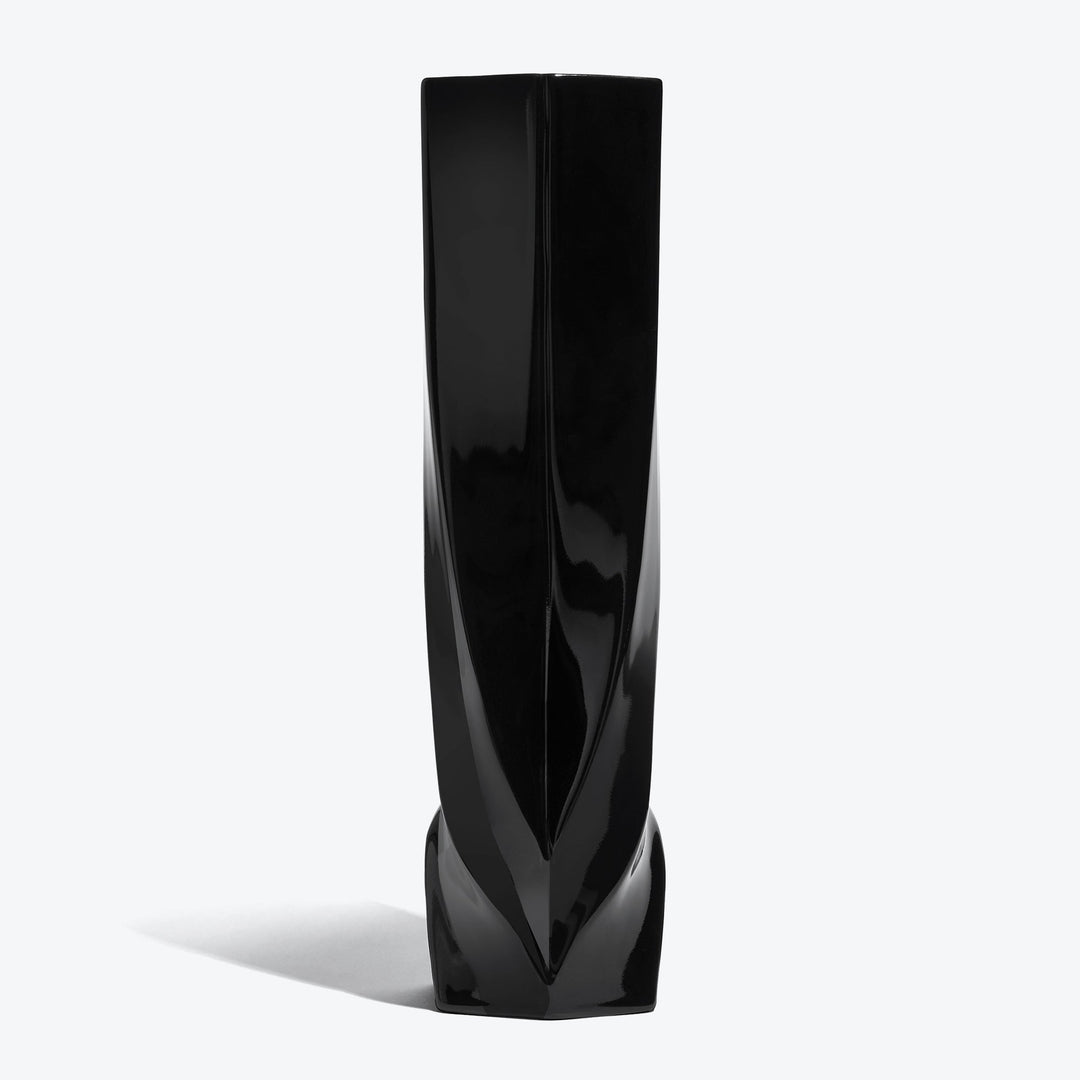 Braid Vase — Tall black porcelain vase, front view on a white background
