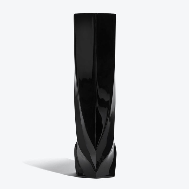 Braid Vase — Tall black porcelain vase, front view on a white background