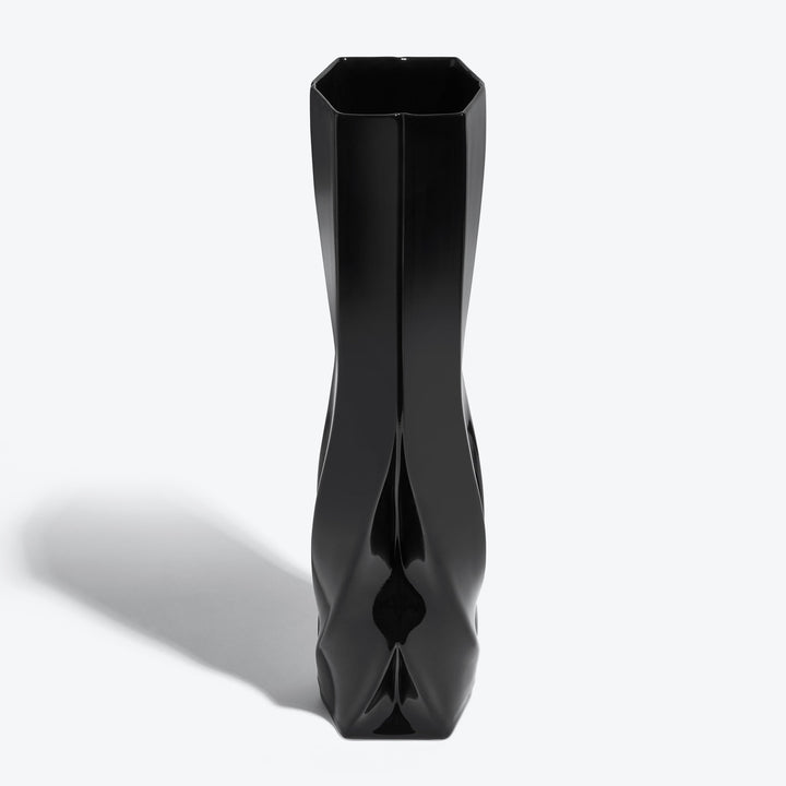 Braid Vase — Tall black porcelain vase from a slightly raised angle showing its hexagonal opening