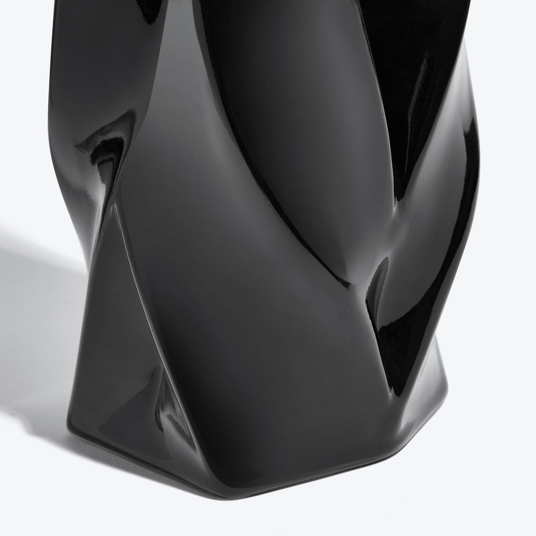 Braid Vase — close-up of the twisted base of the Tall black glazed porcelain vase