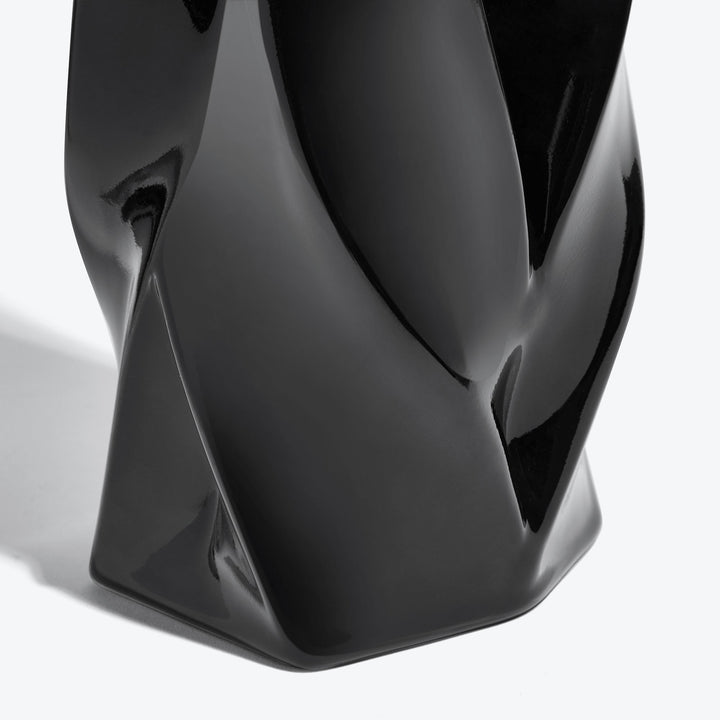 Braid Vase — close-up of the twisted base of the Tall black glazed porcelain vase