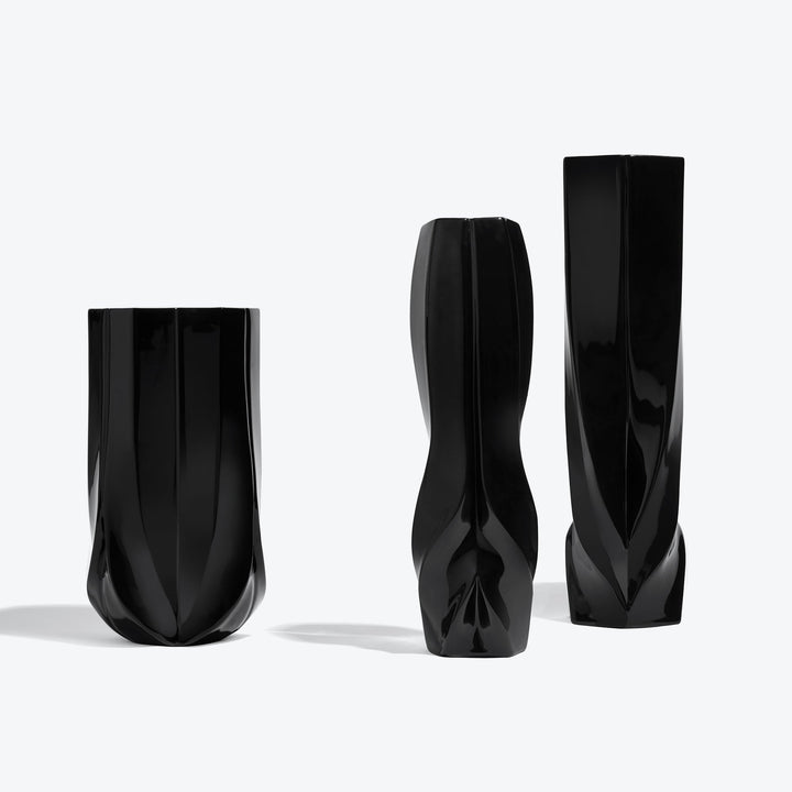 Braid Vase — Wide, Waist and Tall black vases side by side for size comparison