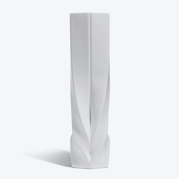Braid Vase — Tall white porcelain vase, front view on a white background